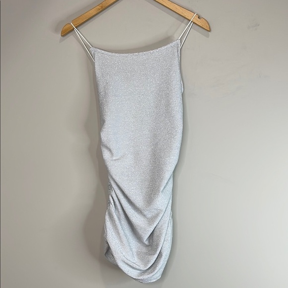 Shein Shimmer Silver Metallic Mini Dress Side Ruched Square Neck Spaghetti XSP - Picture 11 of 11